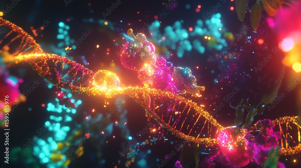 Fototapeta premium A vibrant depiction of DNA strands intertwined with colorful particles. This image illustrates the beauty of molecular biology and the complexity of life. Generative AI