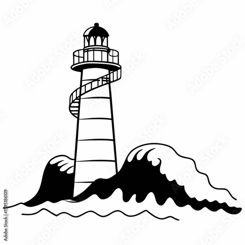 Line art of a tall lighthouse by the sea, with spiral staircase and waves crashing at the base, ink pen drawing