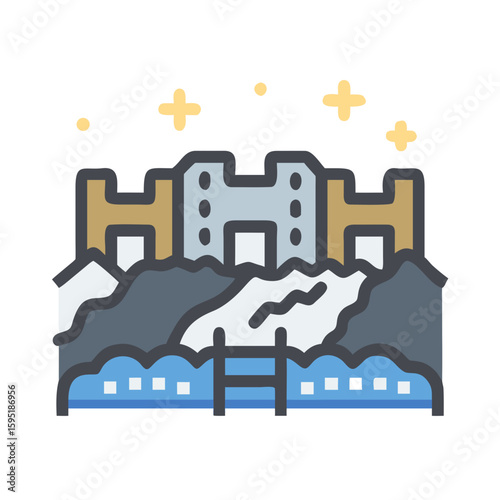 Stylized Icon of a Dam with Water and Mountains
