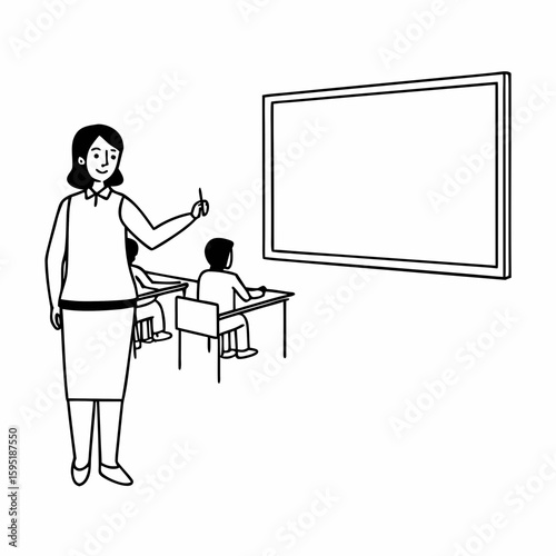 Line art of a teacher standing in front of a blackboard, holding chalk, students sitting at desks, classroom background, minimalistic black and white drawing