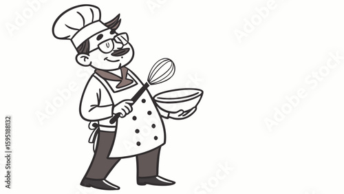 Happy Cartoon Chef Character with Whisk and Mixing Bowl, Vintage Style Black and White Culinary Illustration for Food Concepts