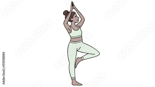 Healthy Lifestyle Woman in Vrikshasana Yoga Pose Illustration for Balance, Mindfulness, and Inner Peace on White Background