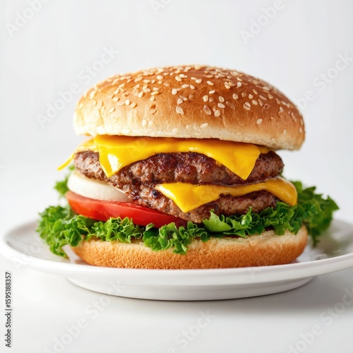 Cheese Burger on plate. Burger featuring a juicy beef patty and melted cheese. Fresh green lettuce and sesame seed bun. hamburger.