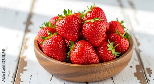 Fresh Strawberries in Wooden Bowl on Striped Surface