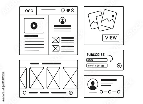 Comprehensive Vector Wireframe UI/UX Design Kit: Website Layouts, App Screens, User Interface Elements, and Flowcharts for Prototyping and Development