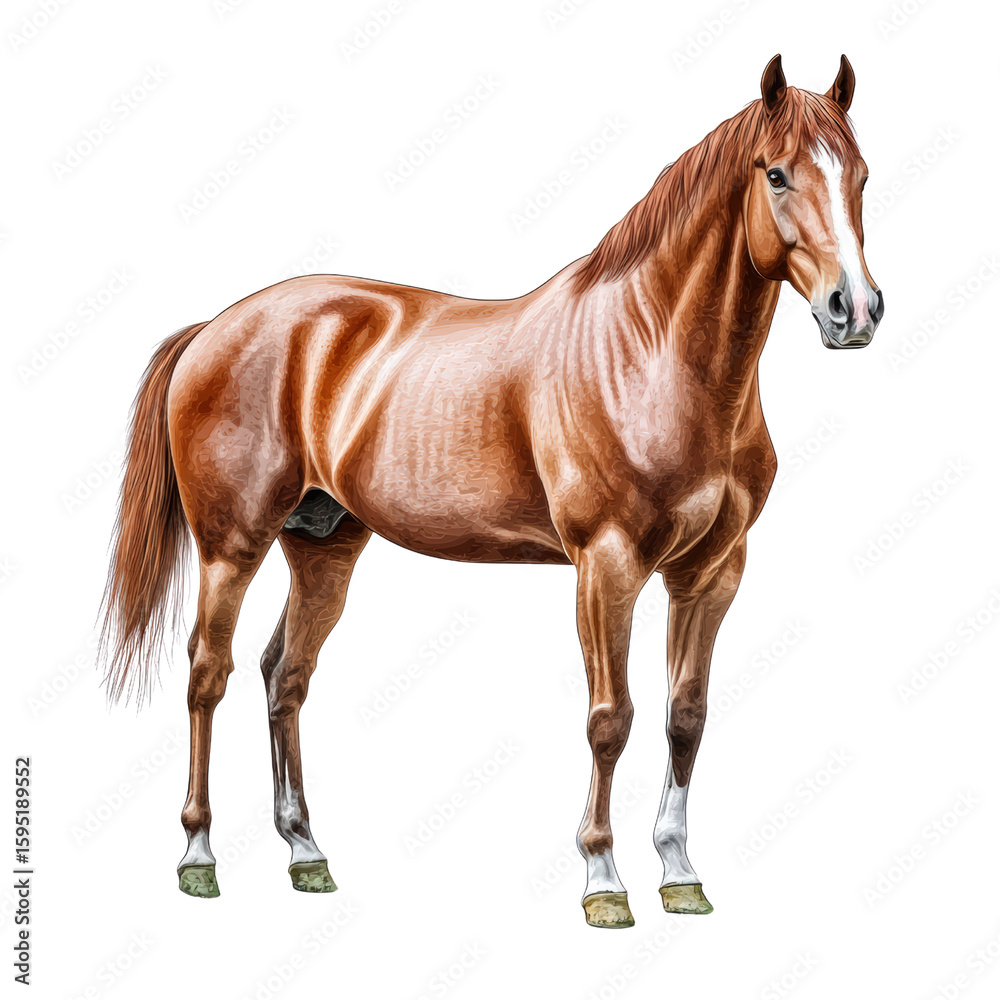 Obraz premium Beautiful chestnut horse with a shiny coat standing on a white background showcasing strength and elegance