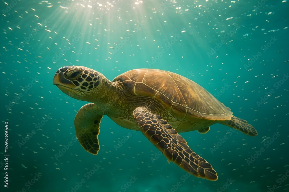 Obraz premium A sea turtle swimming gracefully underwater, surrounded by shimmering sunlight and small fish. Concept Sea Turtle Underwater, Graceful Swimming, Sunlight Reflections, Marine Life Interaction