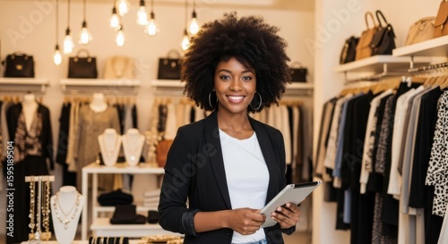 Stylish woman working in a modern clothing boutique holding a tablet