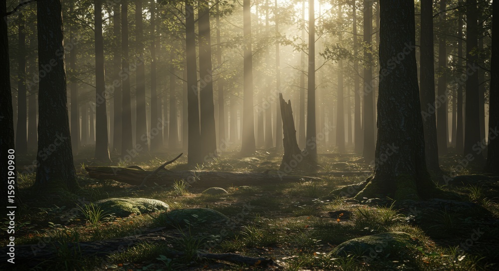 Fototapeta premium Serene Forest with Sunlight Filtering Through Tall Trees and Fog
