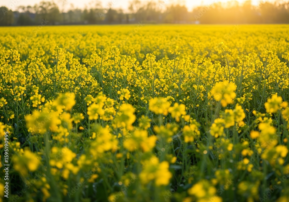 Fototapeta premium 夕日輝く菜の花畑 黄色い花びら一面に広がる