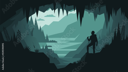 Minimalist Vector SVG Illustration of Cave Scene with Hiker in Flat Style Featuring Mountains and Water in Cool Blue Tones