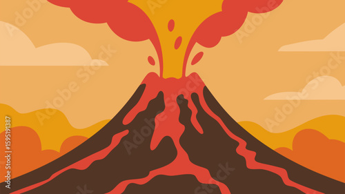 Vector SVG Illustration of Erupting Volcano with Lava Flow in Modern Flat Style Featuring Warm Colors for Digital and Web Design