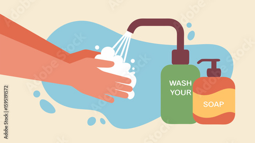 Vector Minimalist SVG Illustration of Hand Washing with Soap Bottles in Flat Design Style with Soft Colors