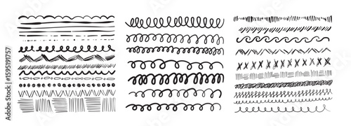 Hand drawn border lines. Doodle wave underline set, vintage squiggle ornament