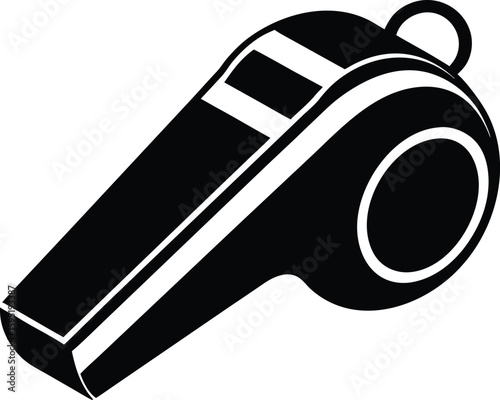 Referee whistle icon, sports equipment silhouette, emergency signal vector, black and white illustration