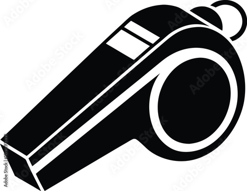 Referee whistle icon, sports equipment silhouette, emergency signal vector, black and white illustration