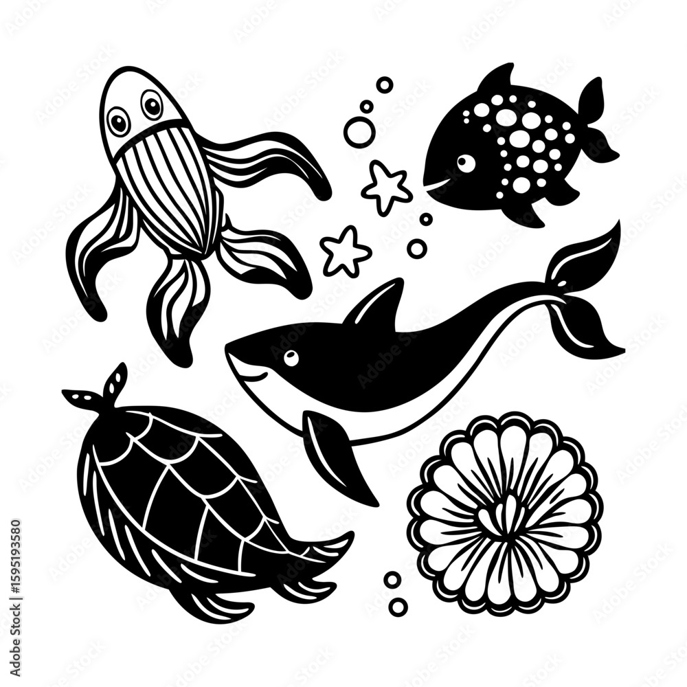 Fototapeta premium set of marine animals and fishs