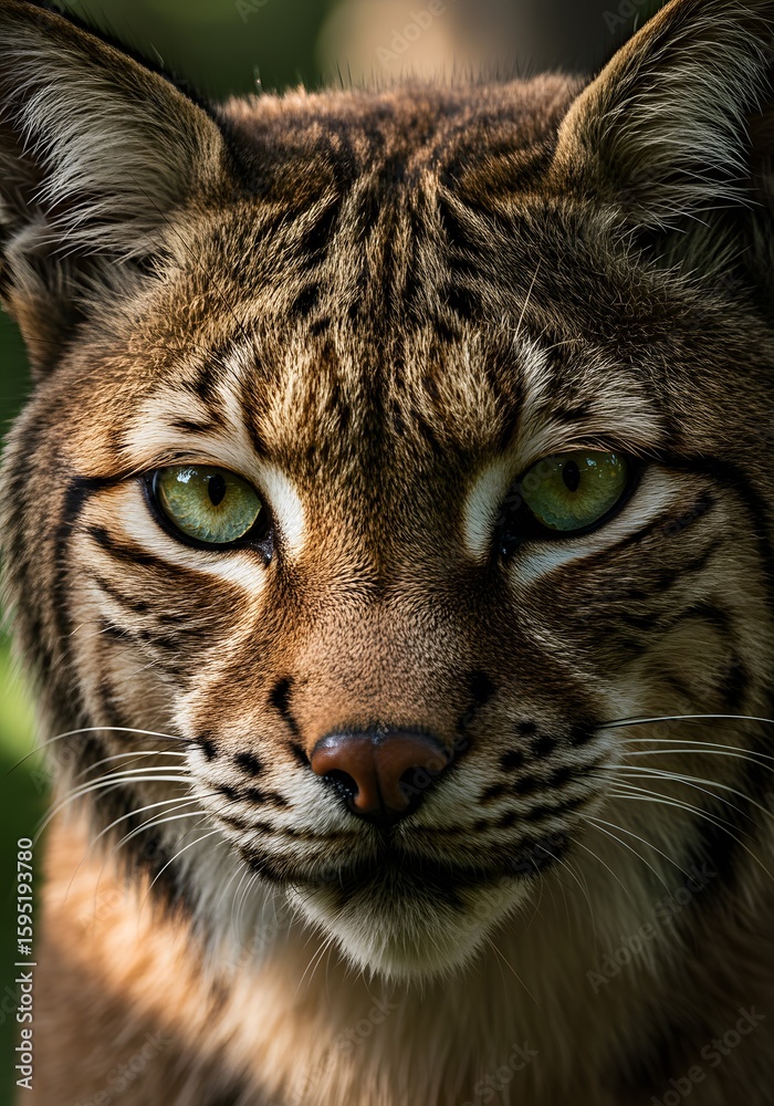 Fototapeta premium Intense Gaze A Close-Up Portrait of a Wild Bobcat with Piercing Green Eyes and Detailed Fur Markings, Capturing the Essence of Wilderness (High-Res)