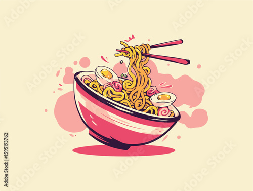 Editable cartoon vector of Japanese ramen in bowl with shrimp and egg toppings, noodles lifted by chopsticks. Represents delicious and healthy traditional Japanese food.