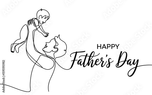 Happy Fathers Day One Line Drawing Father Lifting Baby.