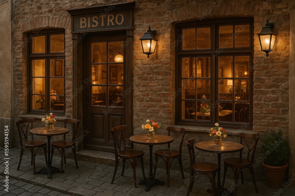 Fototapeta premium Charming European-style bistro with exposed brick facade and inviting window displays