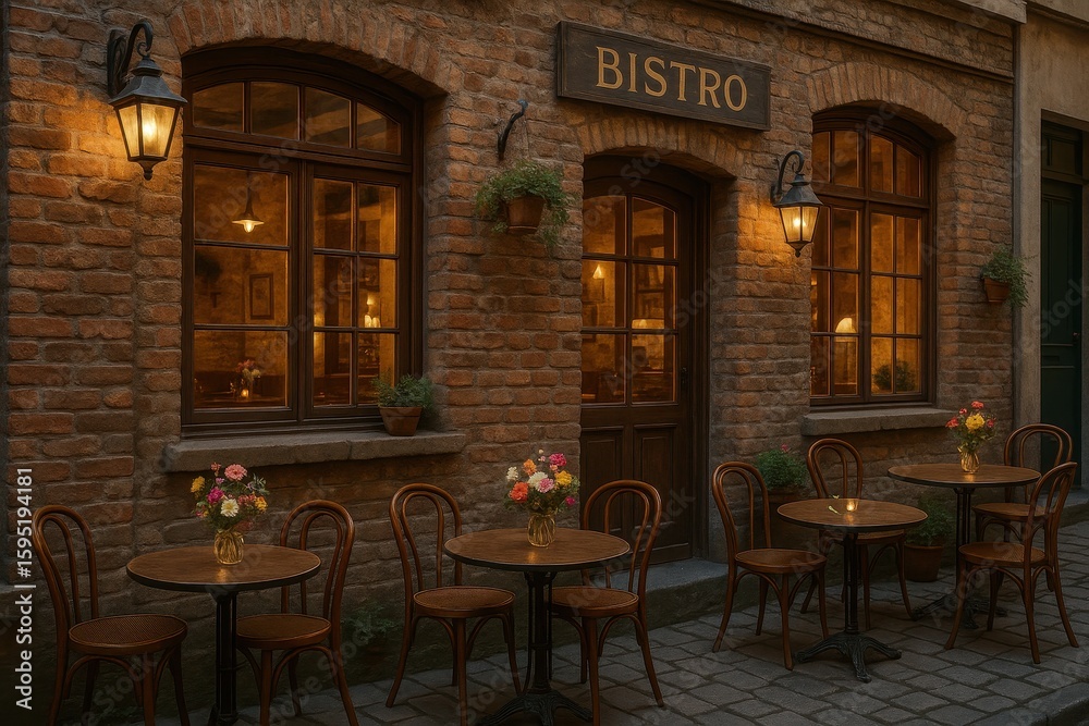 Fototapeta premium Charming European-style bistro with exposed brick facade and inviting window displays
