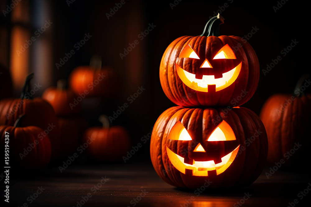 Obraz premium Glowing carved pumpkins stacked for Halloween celebration orange