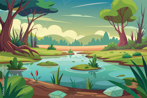 Lush forest river scene with verdant trees and sky