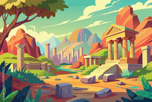 Ancient greek ruins landscape with columns and mountains