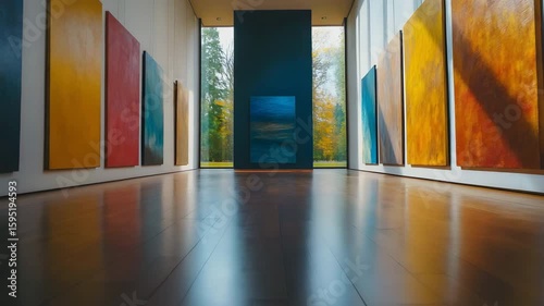 Hallway decorated with multiple colorful paintings on walls creating an artistic and inviting atmosphere