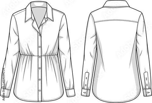 Long sleeve button-up shirt sketch, pleated back design, collar detail, fashion illustration template, stylish garment drawing, front and back view