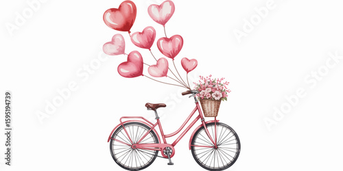 Romantic Watercolor Painting of a Pink Bicycle Adorned with Heart Balloons and Flowers.