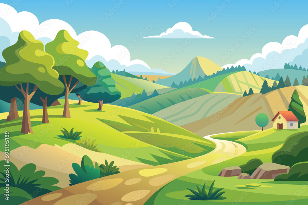 Fototapeta premium Vibrant rolling hills landscape with winding path and cozy cottage