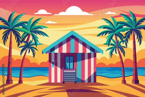 Vibrant beach hut with palm trees at sunset