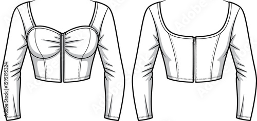 Long sleeve crop top fashion illustration, sweetheart neckline, ruched bust detail, front and back view sketch, stylish women’s apparel design