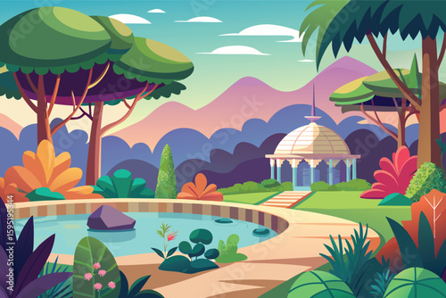 Vibrant garden oasis with gazebo and pond