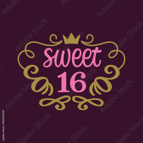 Pink and gold sweet 16 crown emblem on dark purple background sixteen birthday