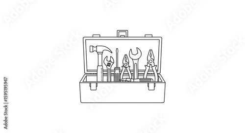 Open toolbox with assorted tools line art illustration