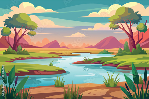 Vibrant riverside landscape with stylized trees and mountains