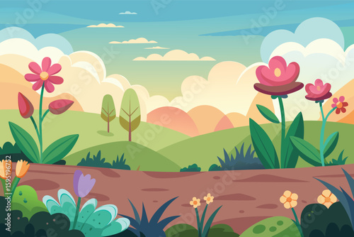 Vibrant spring meadow with blooming flowers and rolling hills