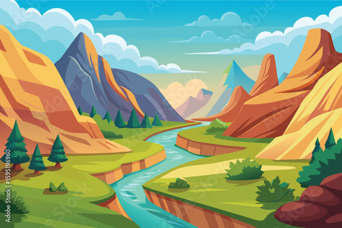 Vibrant canyon landscape with winding river and majestic peaks