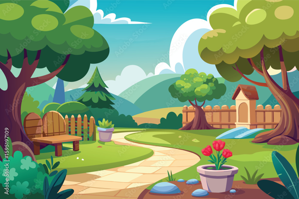 Obraz premium Vibrant cartoon garden path with blooming flowers and trees