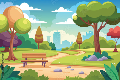 Vibrant city park scene with bench and trees