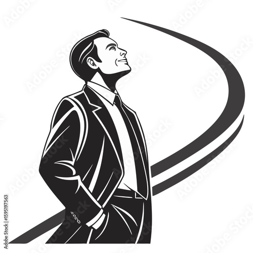 Confident businessman in a suit looking upwards with a smile and hand in pocket