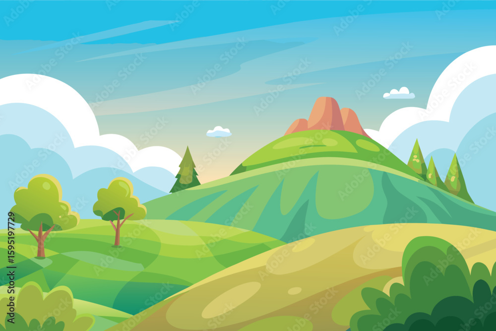 Obraz premium Vibrant cartoon landscape with rolling hills and mountain peak