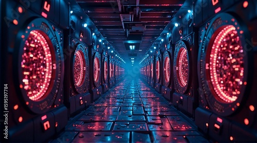 Futuristic corridor with glowing red portals and blue lighting.