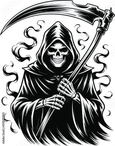 Grim Reaper Illustration: Black and White, Intricate Line Art, Ominous Mood, Skeletal Figure, Scythe