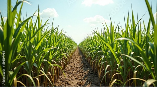 A field of green corn stalks under a bright blue sky.