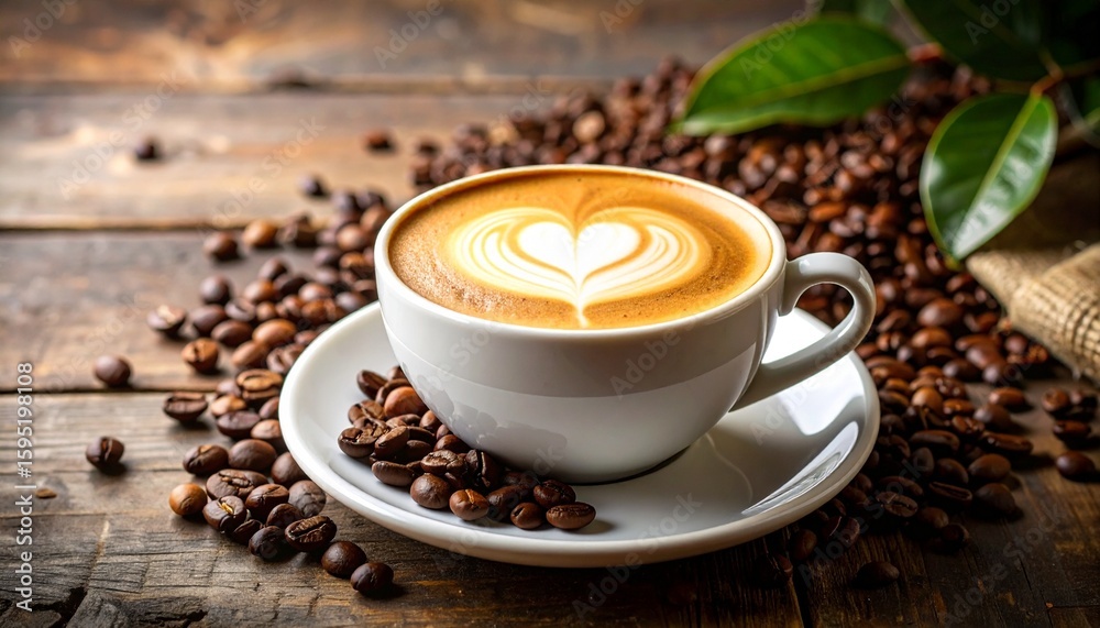 Fototapeta premium Aromatic latte art heart design in a white cup surrounded by roasted coffee beans on a rustic wooden table.