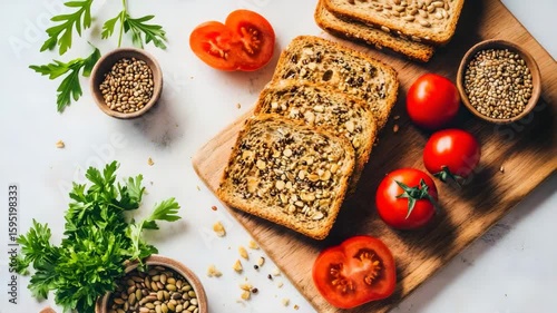 Deliciously sliced seeded loaf of bread accompanied by fresh tomatoes and parsley garnish displayed